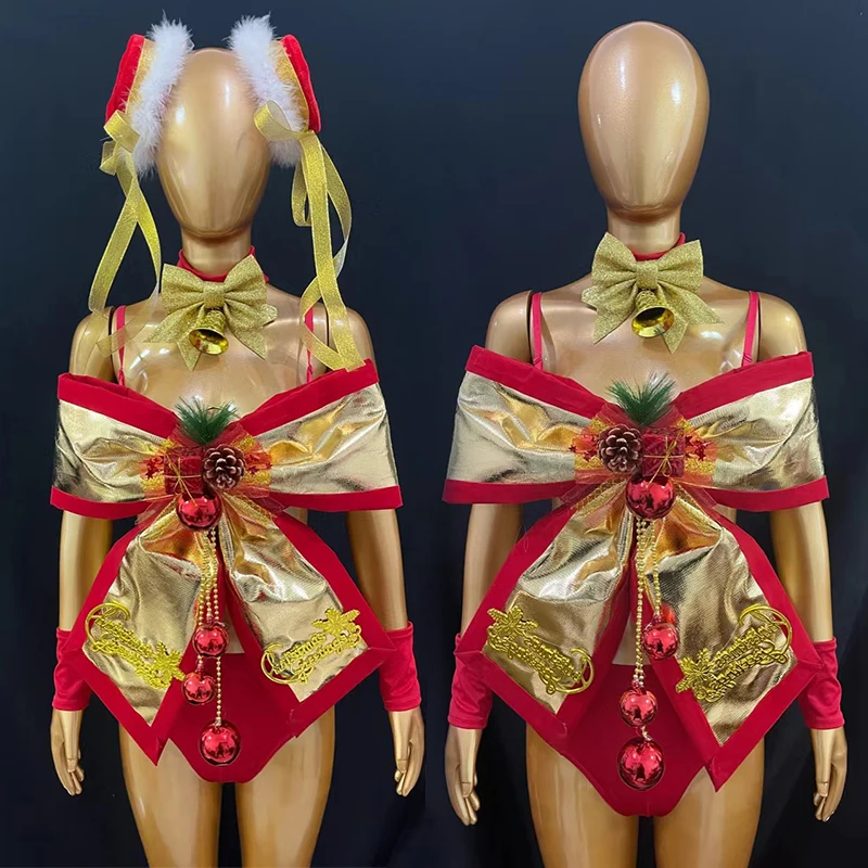 المرأة مرحلة الأداء الزي مثير جوجو Dancewear الأحمر الذهب القوس أعلى عيد الميلاد هالوين أزياء تنكرية ملابس الحفلات الهذيان 4276