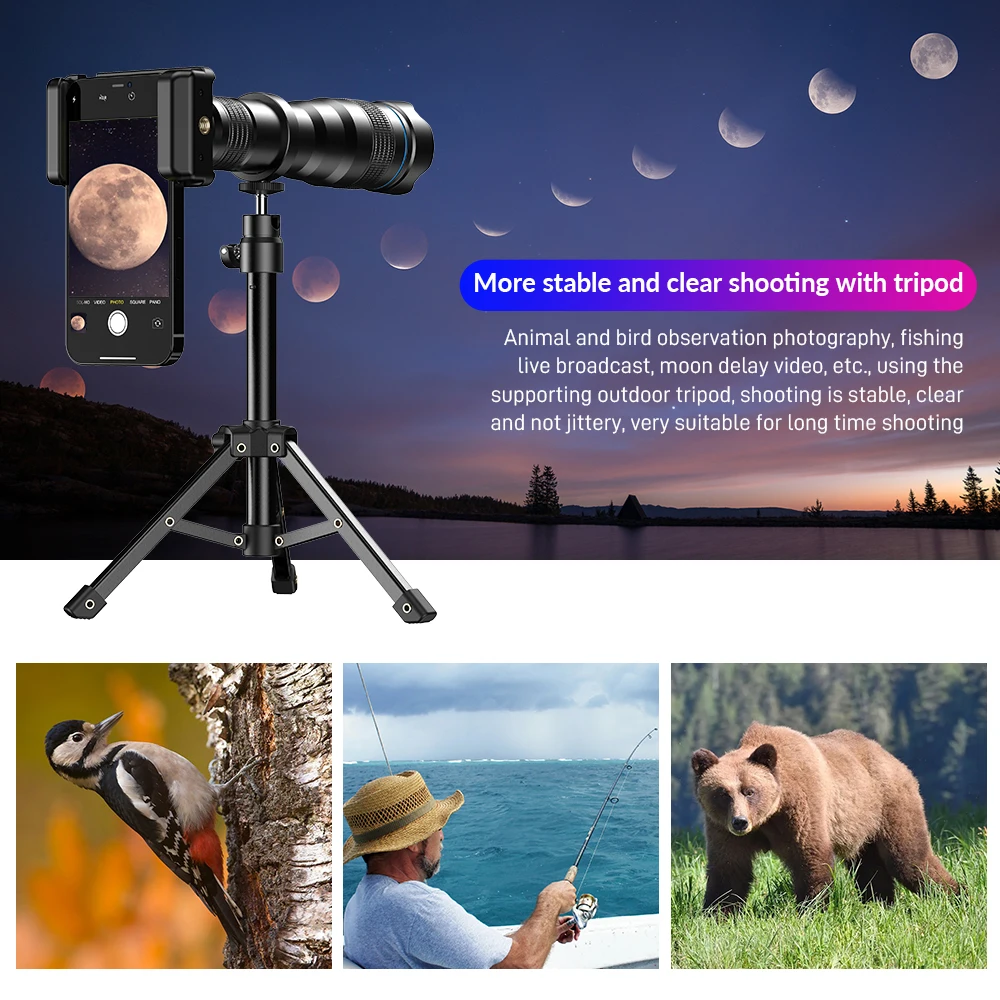 Imagem -03 - Metal Lente Telefoto com Tripé Telescópio Zoom Monocular para Iphone Samsung Tiro Observação de Aves Concert Sports Apexel36x