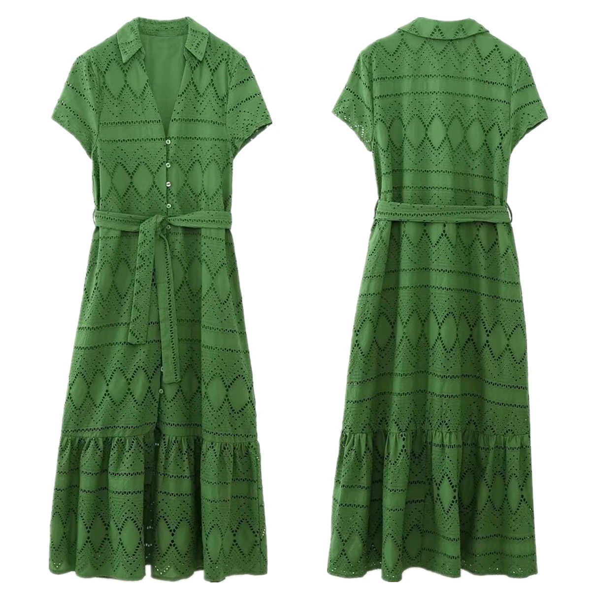

Maxdutti Bohemian French Minimalist Green Hollow Embroidered Dress Summer Vacation Sexy Cotton Midi Dress Women