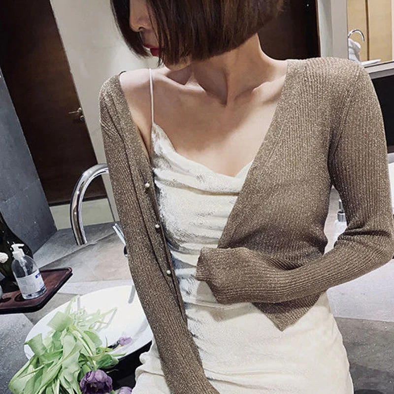 Spring Autumn V-neck Sequins Slim Sweater Cardigan Women Streetwear Trend Fashion Y2K Popularity Coat Sey Mesh Female Clothes