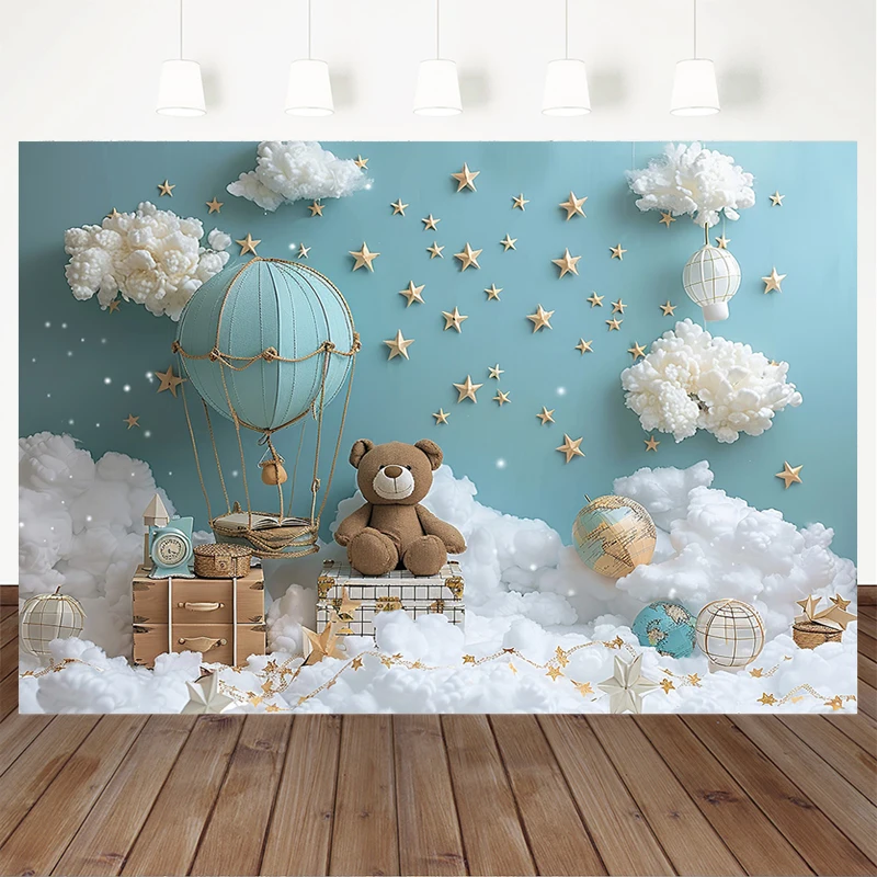 Fondo de oso Mocsicka, globos de aire caliente, decoración de estrellas de cielo azul claro, fondo de cumpleaños para Baby Shower, estudio de fotografía