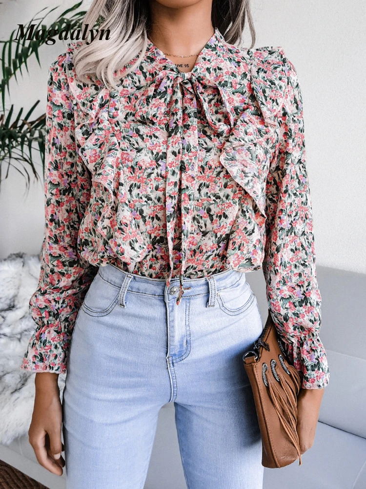 Magdalyn Ins Office Shirt Oversized Vintage Elegant Floral Print Blouse Top Ruffle Chiffon Blusa Casual Tied Bow Long Sleeve Top