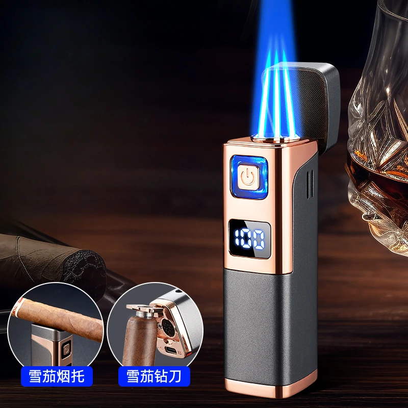 Three Direct Charging Power Display with Cigar Punch and Windproof Cigar Special Gas and Electric Integrated Portable Lighter