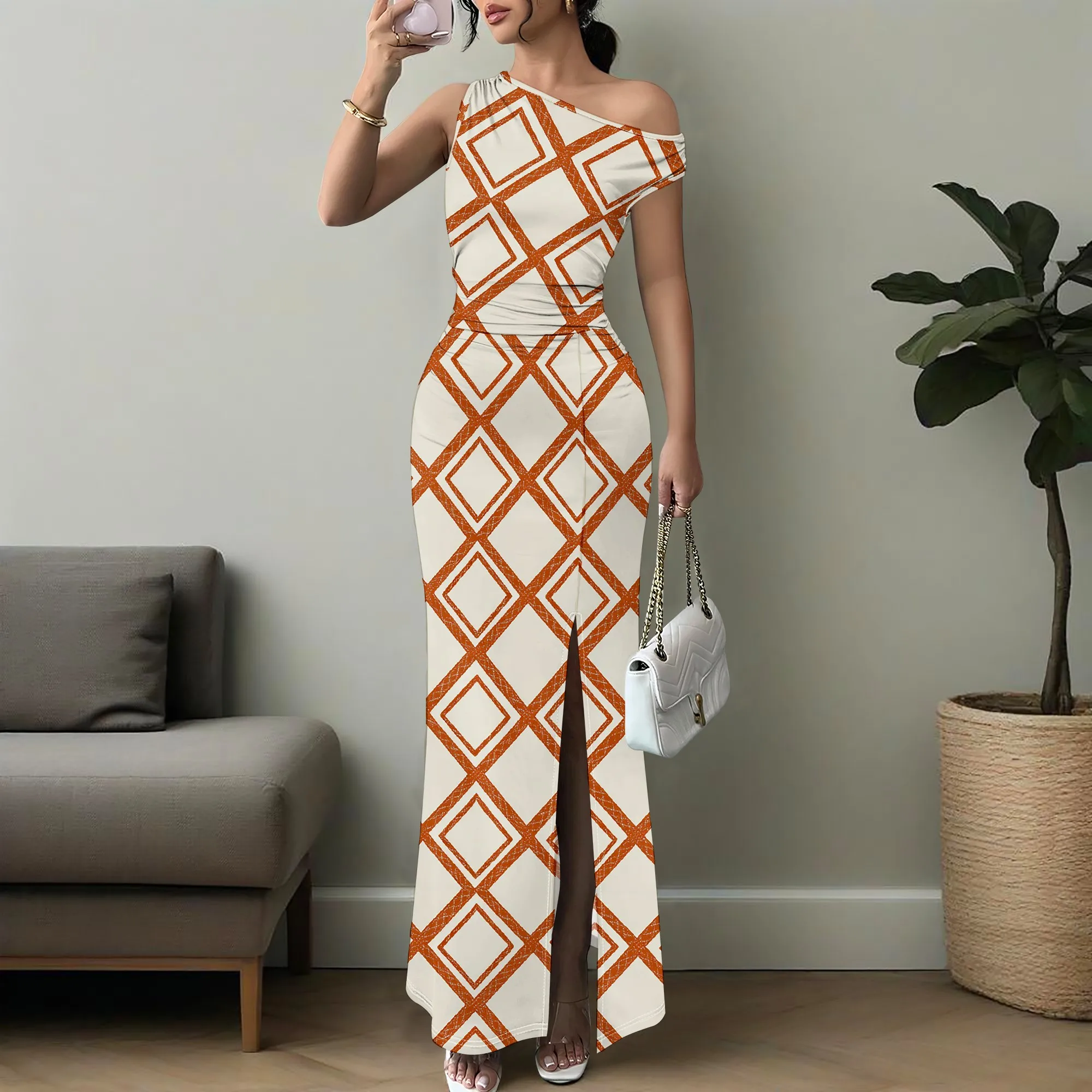 

Women’s Geometric Print Maxi Dress XS-3XL One Shoulder Sexy Split Long Dress Summer 2025 Vacation Beach Party