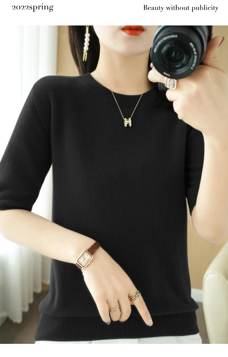 Spring 2022 New Women's O-Neck Short-Sleeved Exquisite Cashmere Sweater Pullover