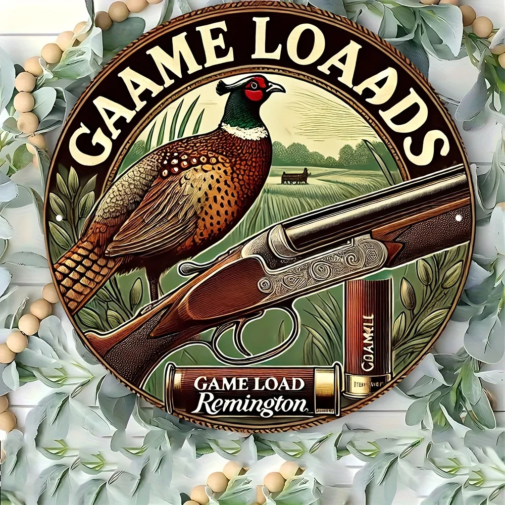 2D Flat, 1pc Vintage Hunting Scene Metal Sign - 8x8 Inch Rustic Shotgun & Pheasant Wall Art, Durable Iron Country Decor with Pre