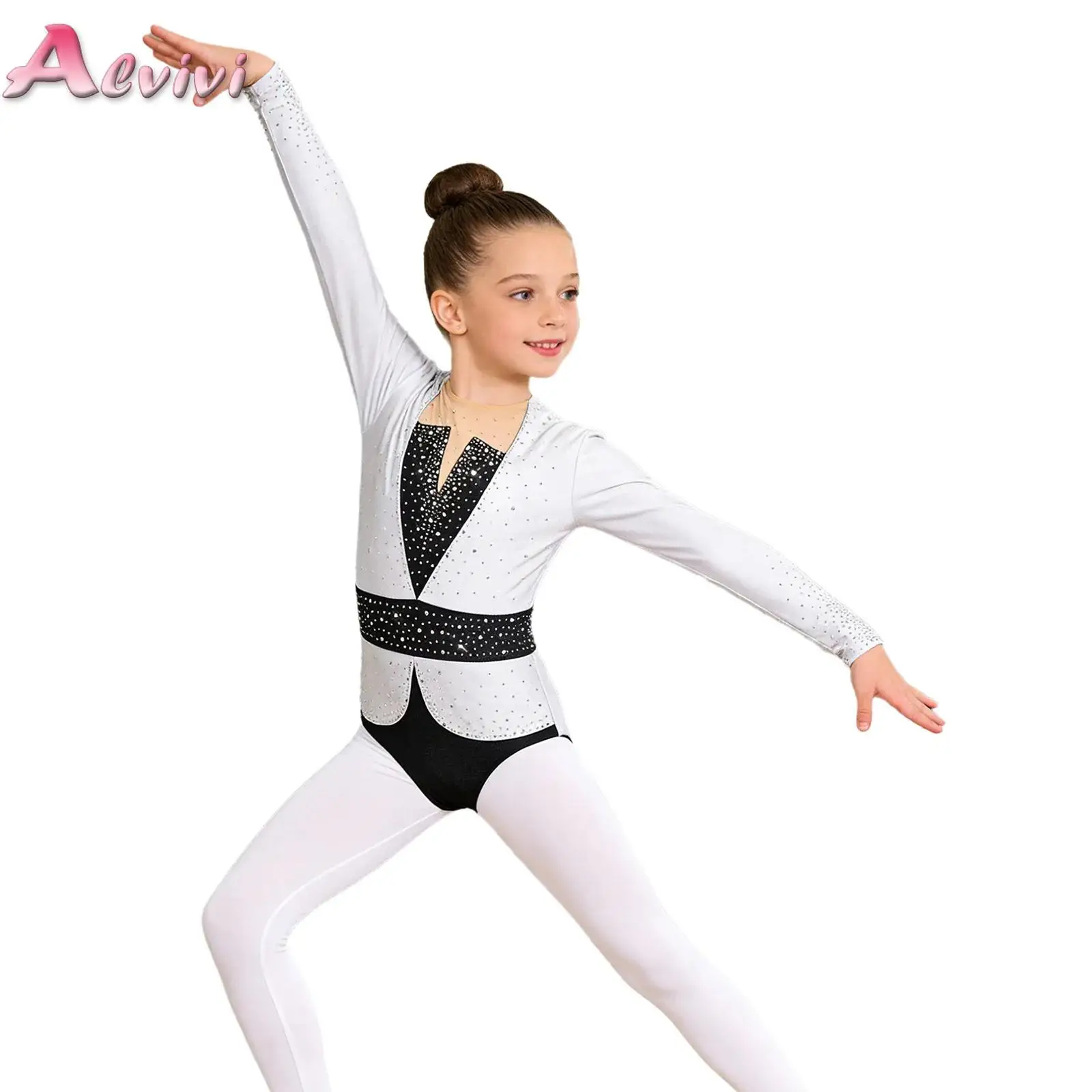 

Kids Girls Figure Skating Gymnastics Ballet Dance Leotard Jersey Long Sleeve Shiny Rhinestones Color Block Bodysuit Dancewear