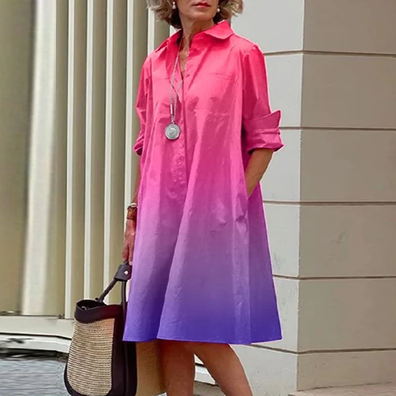 Spring Summer Shirt Dress Women Turn Down Collar Long Sleeve Tie Dye Printing Midi Dresses For Women Elegant Pocket Holiday Robe