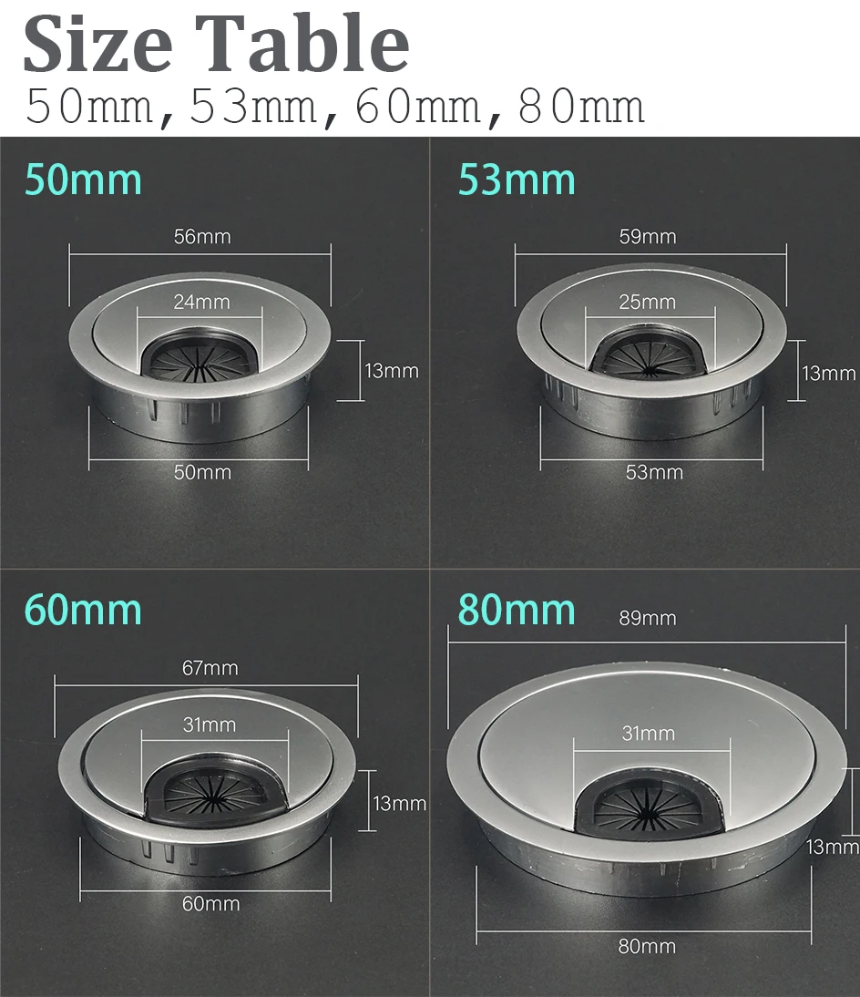 Zinklegierungs-Drahtlochabdeckung, Auslassanschluss, Tisch, Computer, PC, Schreibtisch, runde Kabeltülle, Leitungshalter, 50 mm/53 mm/60 mm/80 mm – Detail 1