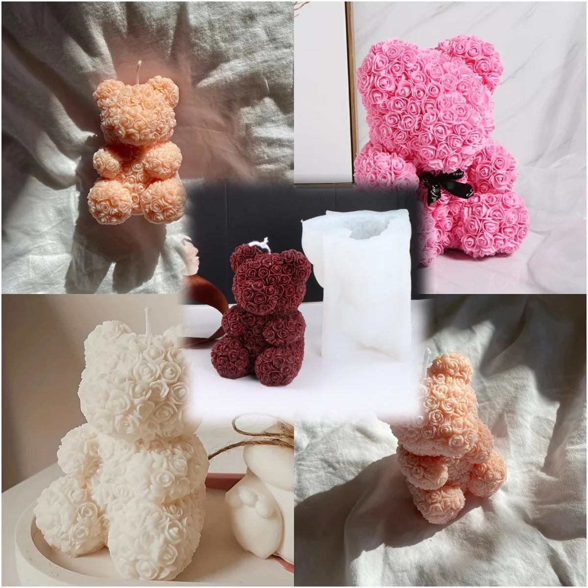 Blume Tier Kerze Silikonform Rose Bär Kaninchen Handwerk Form für DIY Harz Gips Romantisches Geschenk für Mädchen Zuhause Hochzeit Dekor