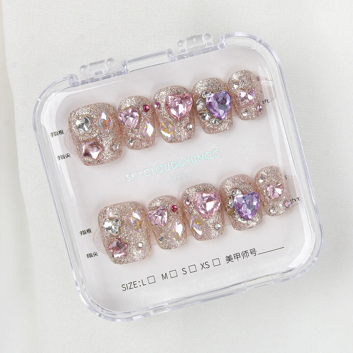 SKY CLOUD 10pcs Fake Nails Press on Reusable with Designs Set French Handmade Aurora False Rhinestones Stick-on Nails Tips Art