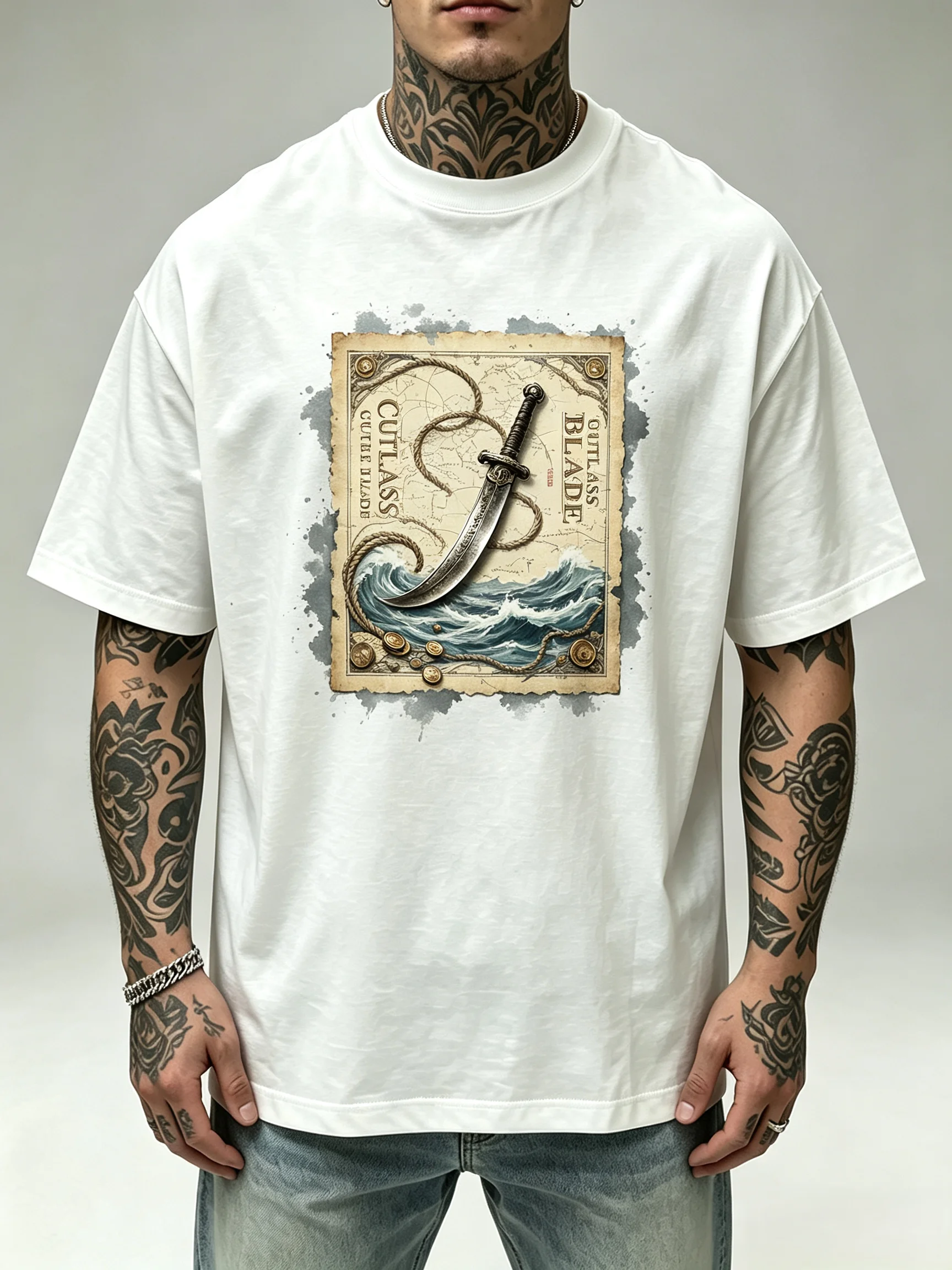 Unisex Cutlass Blade T‑Shirt for Men Women Vintage Pirate Cutlass Sword Old Nautical Map Ocean Wave Print Tee Retro Sea Adventure Culture Casual Cotton Short Sleeve Streetwear Tops