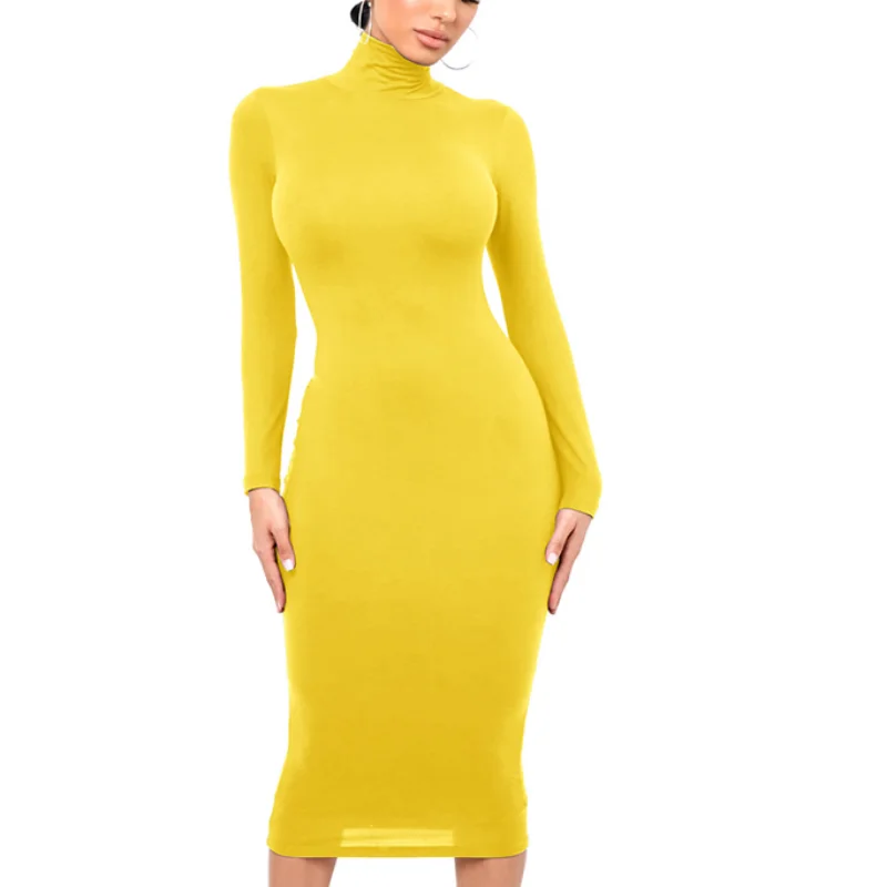 Winter Black Turtleneck Sexy Women Dress Autumn Long Sleeve Skinny Midi Boydcon Casual Blue Plush Knee-Length Party Club