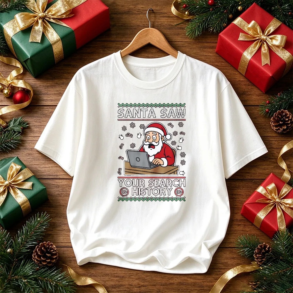 Men's Funny Santa Saw Your Search History Printed T-Shirt 100% Pure Cotton Short Sleeve Casual Tee Christmas Gift for Dad Angler