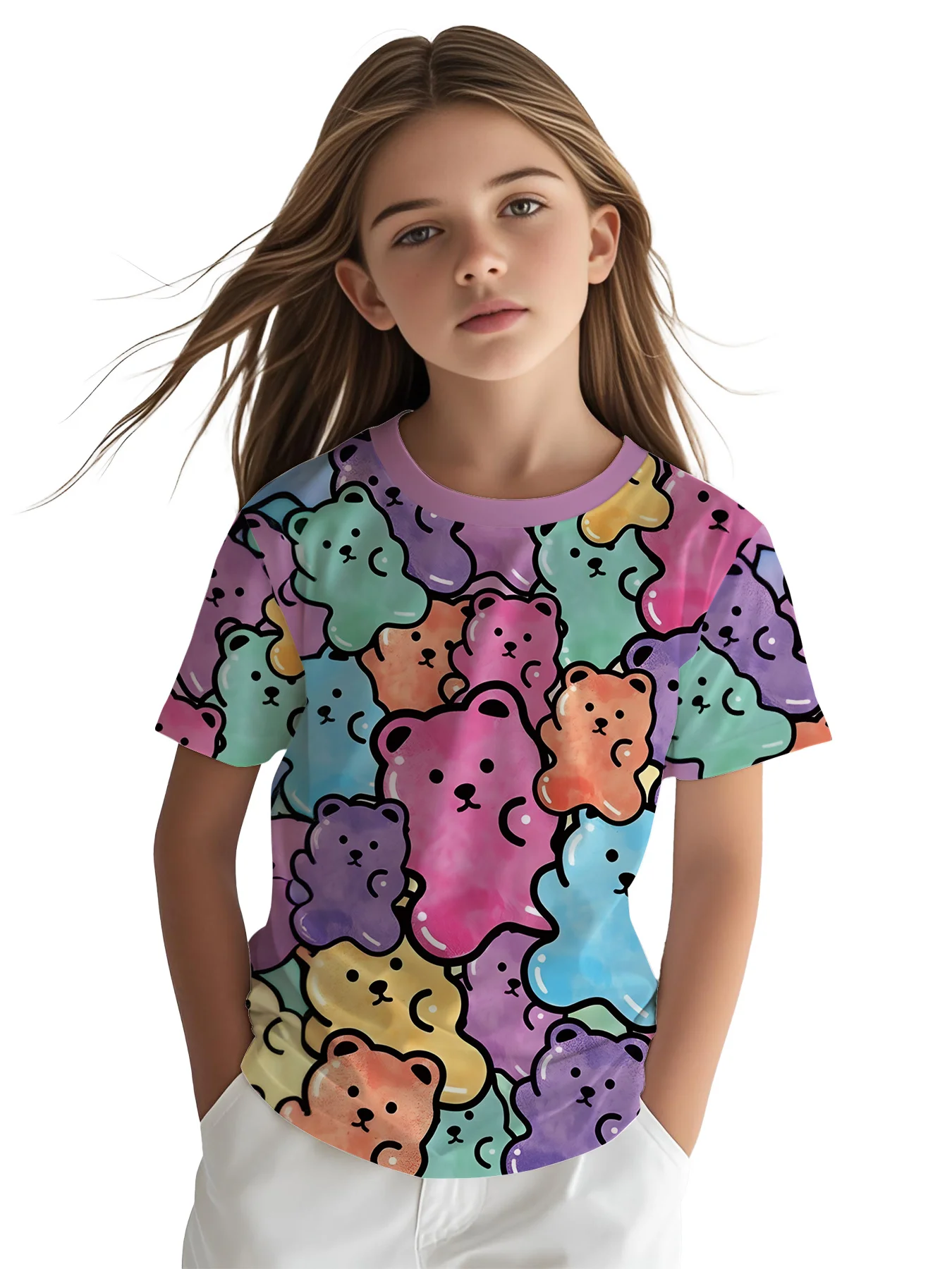 Girls Candy Bear Themed T-Shirt, Bright Watercolor Gummy Bear Pattern Casual Kids Graphic Top