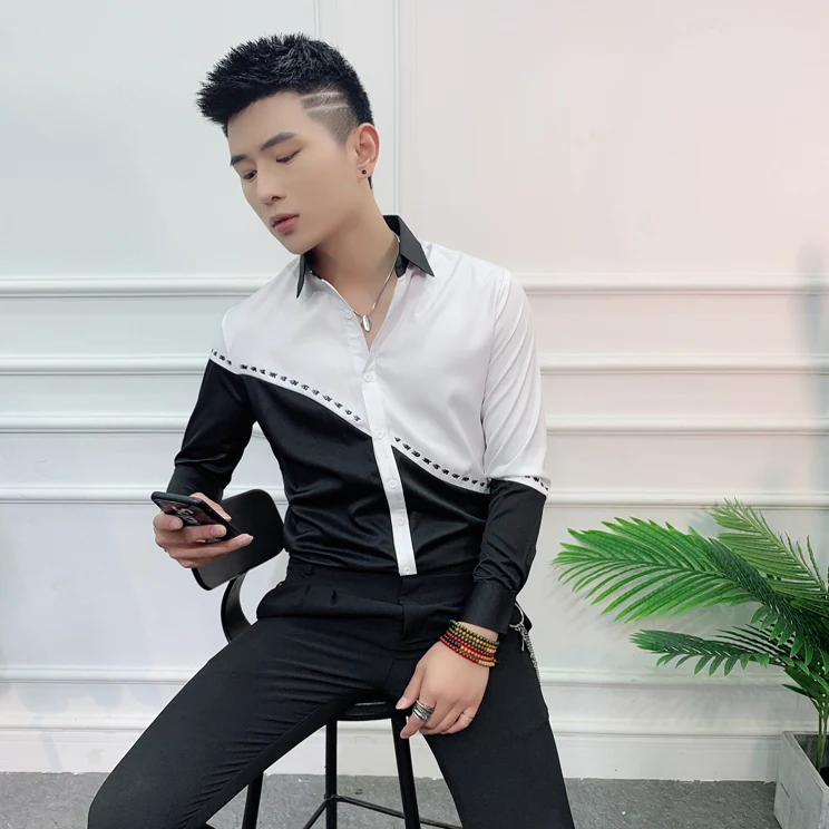 

2025 New Men's Long Sve irt Slim Fit Color Blo Faionable Casual Top Versatile Sli Personali Summer irt