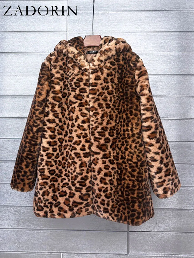 ZADORIN Furry Leopard Print Jacket Women 2024 Winter Fluffy Loose Faux Rabbit Fur Coat Thick Warm Plush Jackets for Women Coats