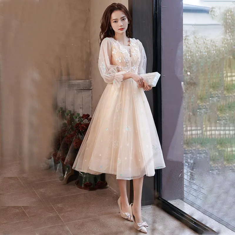 

Evening Dress Champagne Elegant Three Quarter Sleeves Appliques Tea-Length O-Neck Lace Up A-Line Woman Formal Party Gown A2456