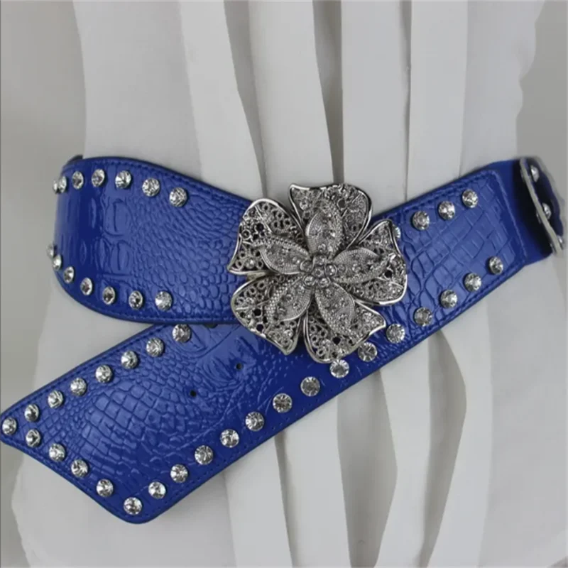 Patent Leather Waist Belt Ladies Girdle Elastic Rhinestone Accessories Decoration Wide Waist Belt Flower Buckle Waistband
