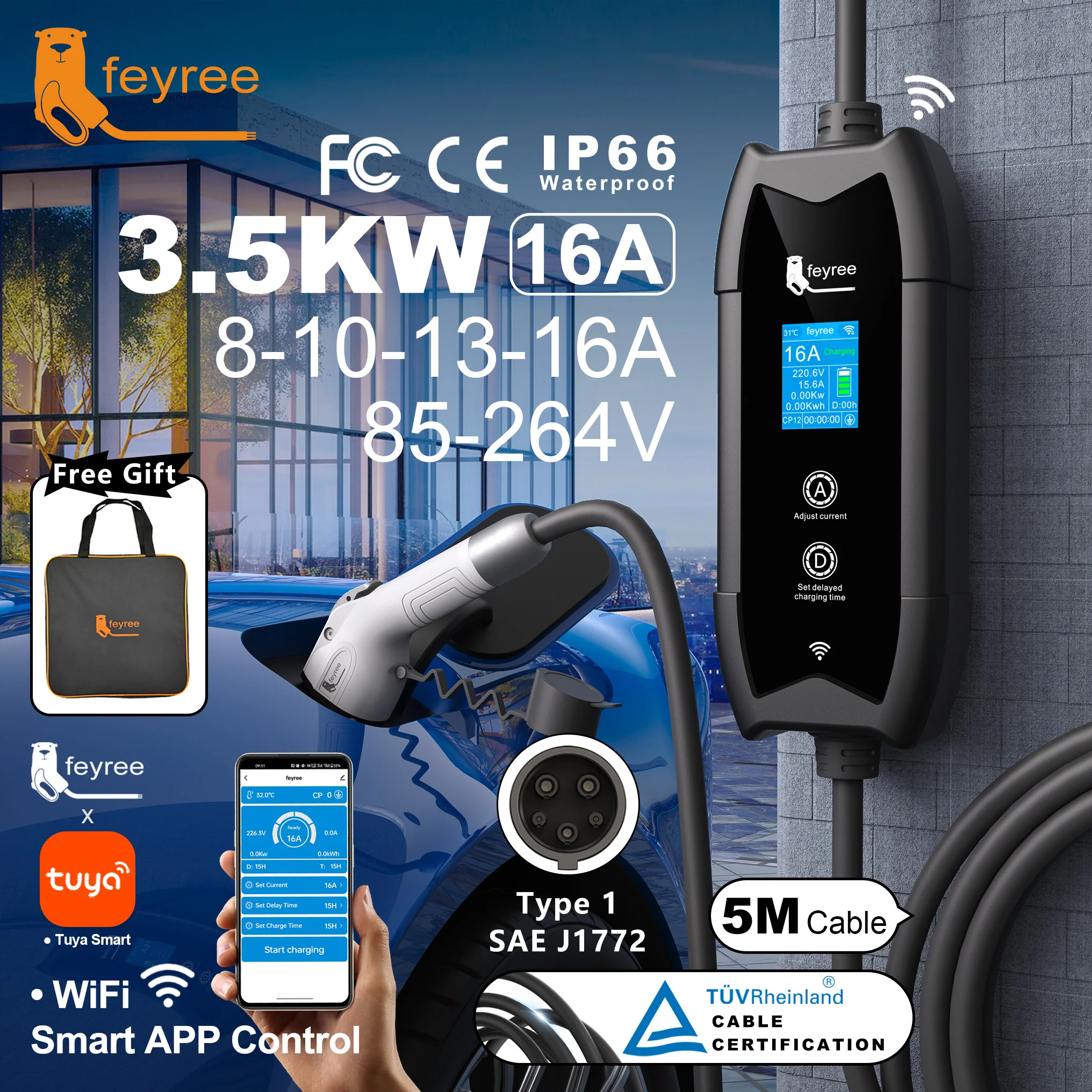 Feyree Type1 Portable EV Charger 5m Cable with WIFI APP Control 16A 3.5KW Set Charging & Delay Time for EV Cars, Plug Customizab