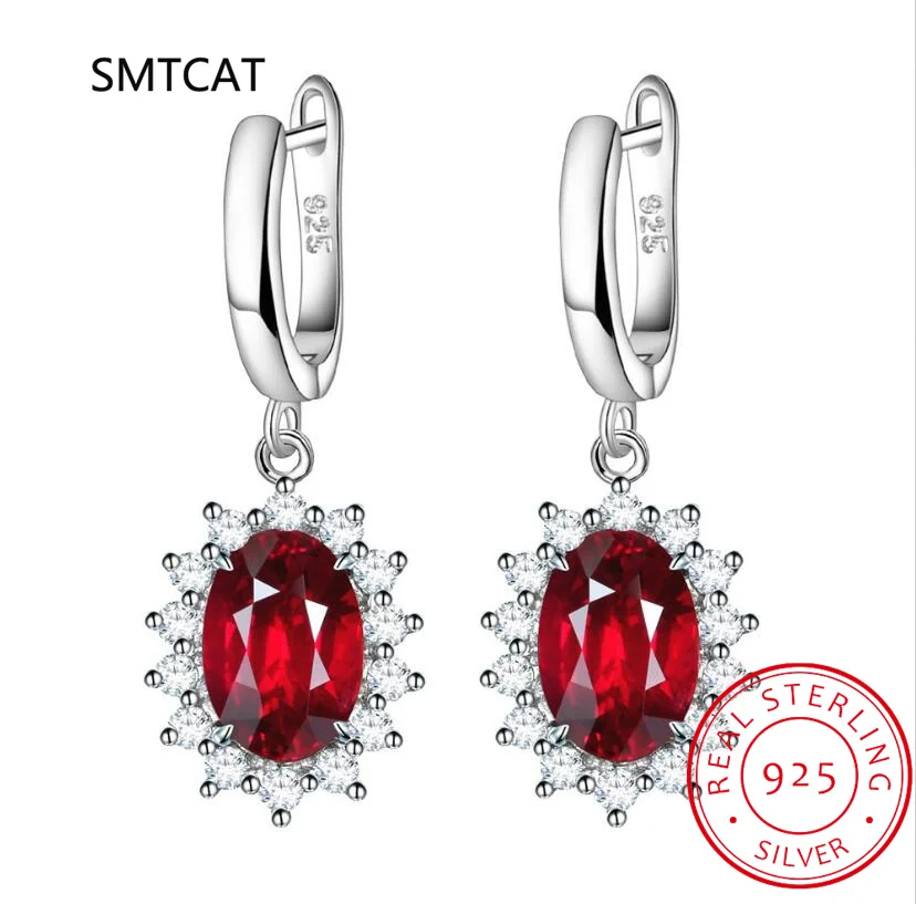 Princess Diana Created Red Genuine Natural Garnet 925 Sterling Silver Drop Earring for Women Fashion Statement Gemstone Jewelry