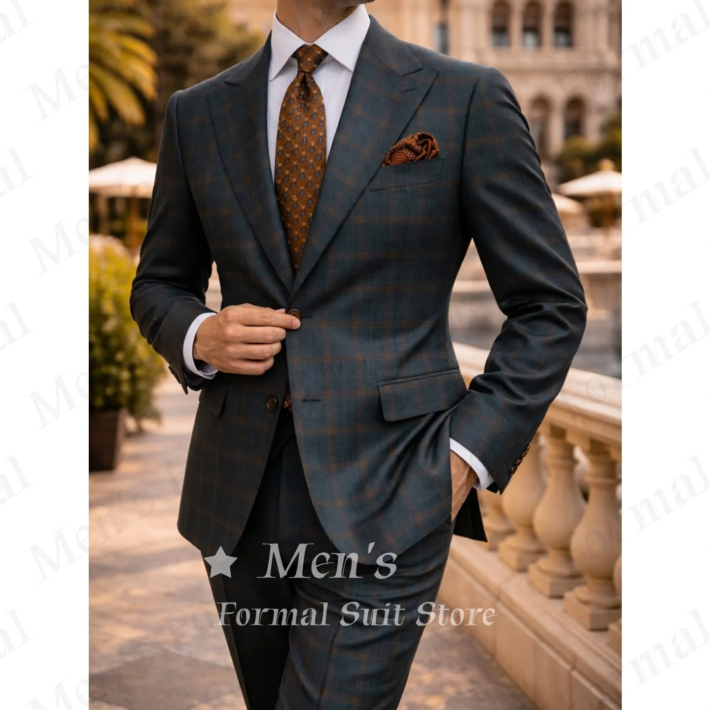Traje Formal de Dos Piezas para Hombre, Color Verde Azulado y Marrón a Cuadros, Corte Entallado, Solapa de Muesca, Blazer de Dos Botones, Pantalones, Verano, Playa, Vacaciones, Casual, Personalizado