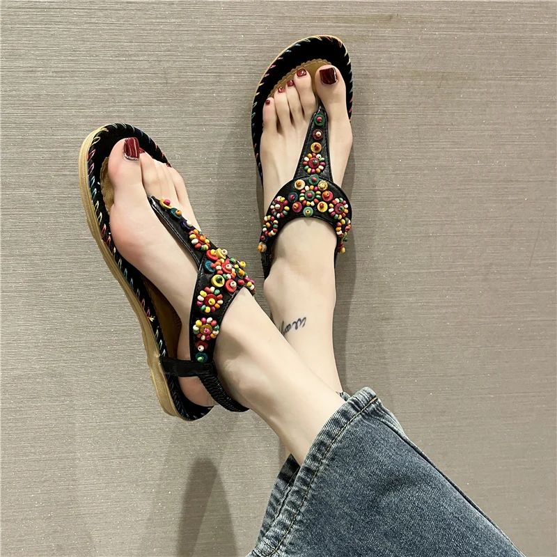 Summer Women Sandals 2023 Flat Casual Shoes Bead Slip On Sandalias Fashion Flip-Flop Roman Shoes for Women Chaussure Femme