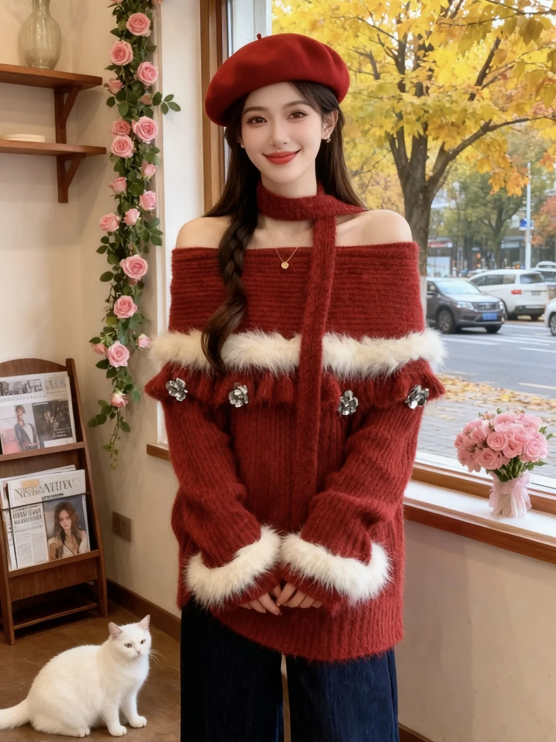 

Красный вязаный свитер на тему Cisas, женский свободный ленивый свитер из искусственного меха, теплая повседневная одежда, винтажное издание, oulder Bar...