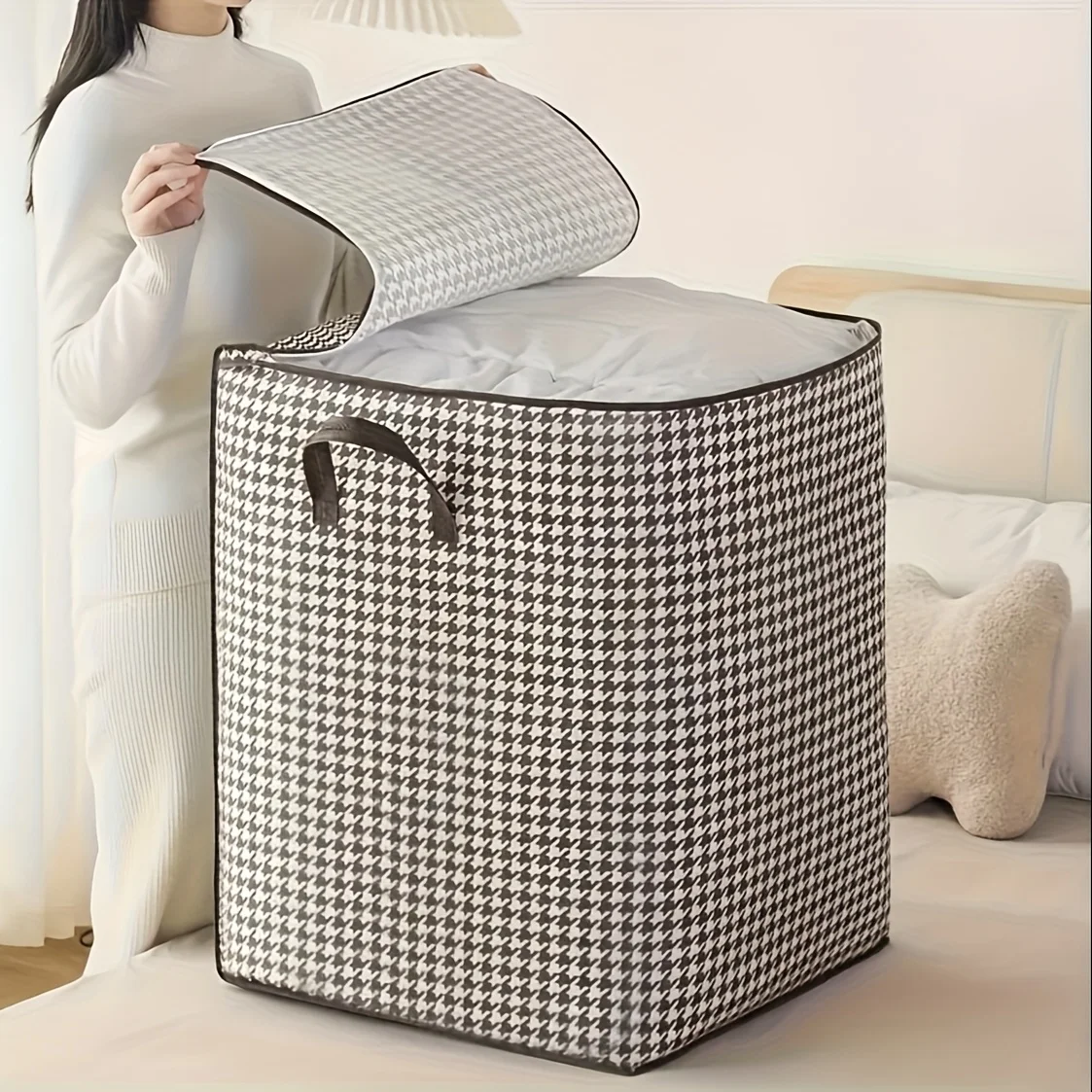 

Houndstooth Storage Bag Extra Large Organizer for Blankets Wardrobe Essentials Blanket Box Container with Dustproof Zipper