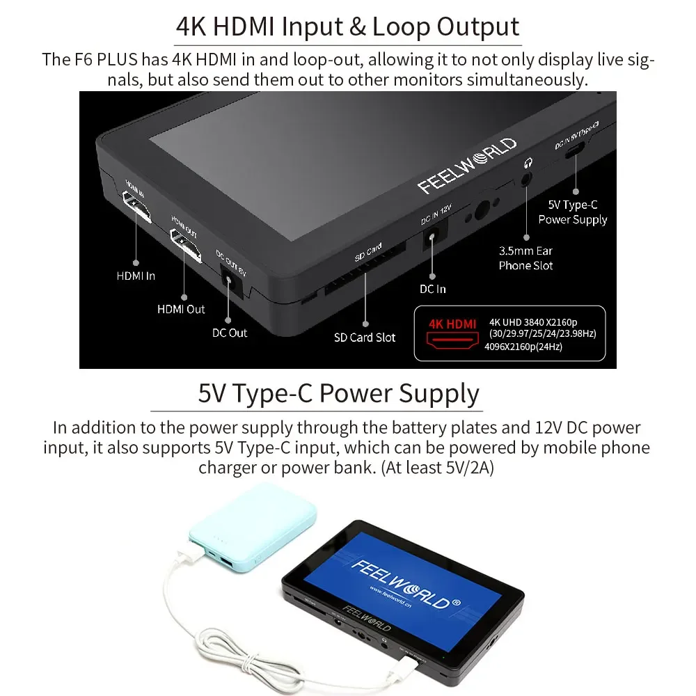 FEELWORLD F6 PLUS V2 6''on Kamera DSLR Feldmonitor 3D LUT Touchscreen IPS FHD 1920x1080 Video Focus Assist Unterstützung 4K HDMI