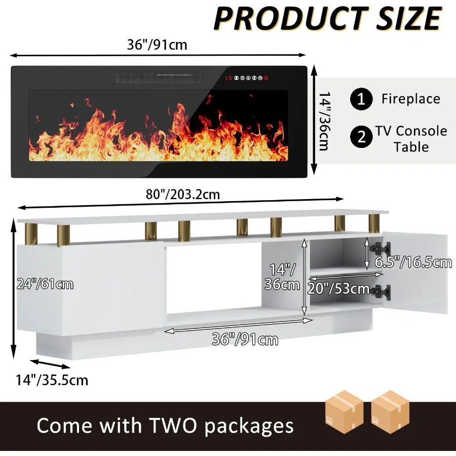 حامل تلفزيون مدفأة 80 بوصة لأجهزة التلفاز حتى 90 بوصة مع مدفأة كهربائية مقاس 36 بوصة عن بعد مركز ترفيه حديث باللون الأسود مع #2