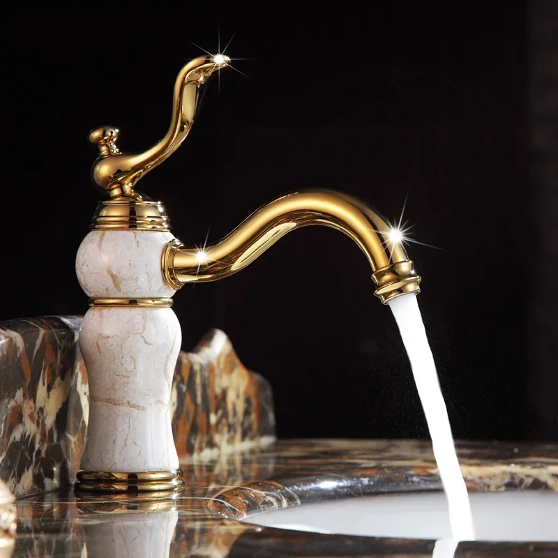 High quality Bathroom luxury gold Brass marble Hot and cold Water tap golden European Basin Faucet Sink Mixer Tap Faucet