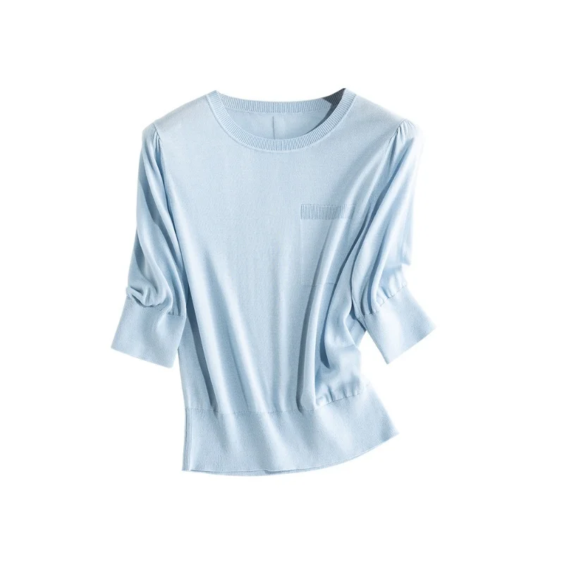 Women Mulberry Silk Knit T-shirt Spring Summer Thin Half Sleeve Loose Pullover Tops