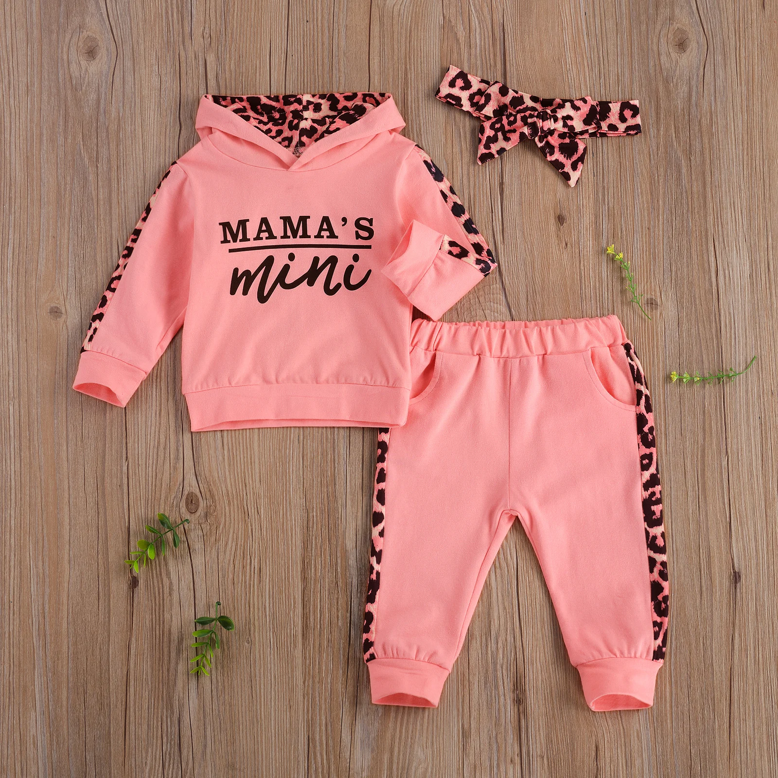 Baby Girls Autumn Winter Clothes Tracksuit Letter Long Sleeve Hoodies Tops and Leopard Stitching Long Pants with Headband 3PCS