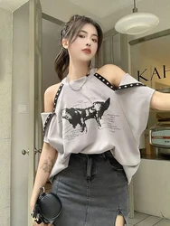 Blusa holgada de manga corta con hombros descubiertos para mujer, Top Sexy de talla grande para jóvenes, moda coreana, novedad de 2023