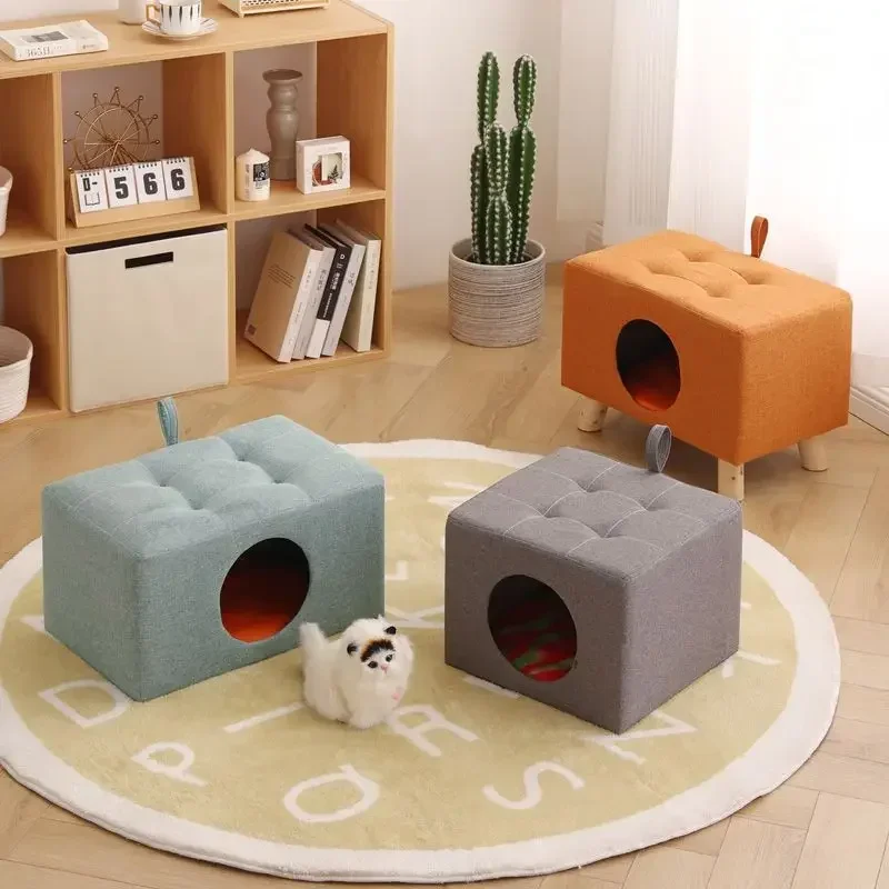 Solid Wood Ottomans Stools Cat Nest Bench 4 Seasons General Cat House Warm Small Cats and Dogs Semi-enclosed Pet Bed Supplies