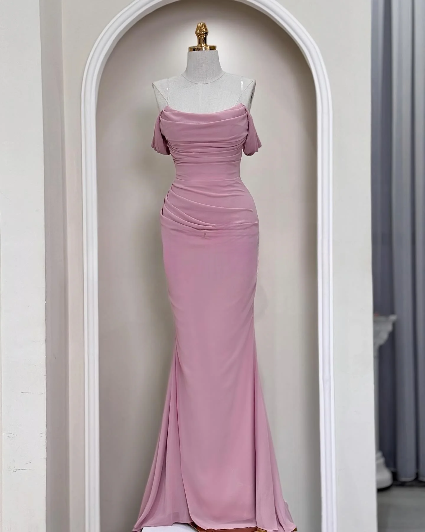 

Customized High Quality Jersey Mermaid Off the Shoulder Evening Dress Fashion Short Sleeves Strapless Floor Length prom dresses