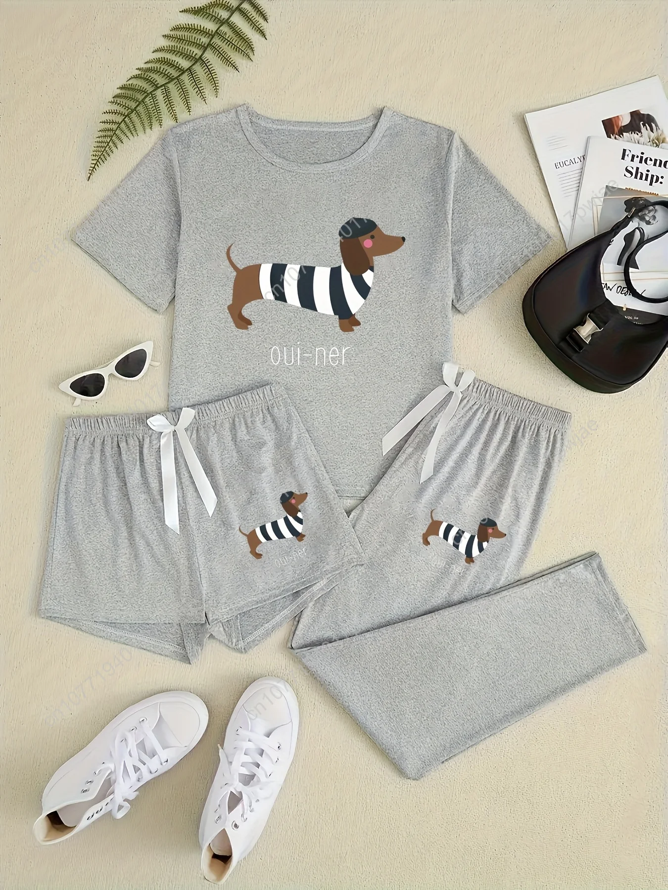 ชุดนอนพิมพ์ลายดัชชุนด์ 3 ชิ้นสำหรับผู้หญิง • ชุดนอนลายการ์ตูนสุนัขน่ารักพร้อมกางเกงขาสั้นและกางเกงขายาว • ชุดนอนนุ่มสบายทุกฤดูกาล S