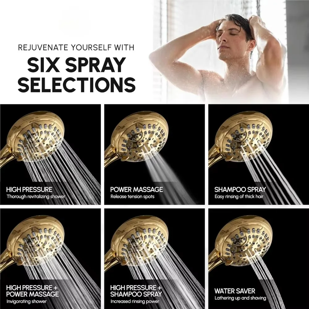 Hand Held Shower Head, 4.5 Inch 6 Spray Setting Handheld Showerhead with Extra-Long Hose, Experience Comfort and Elegance