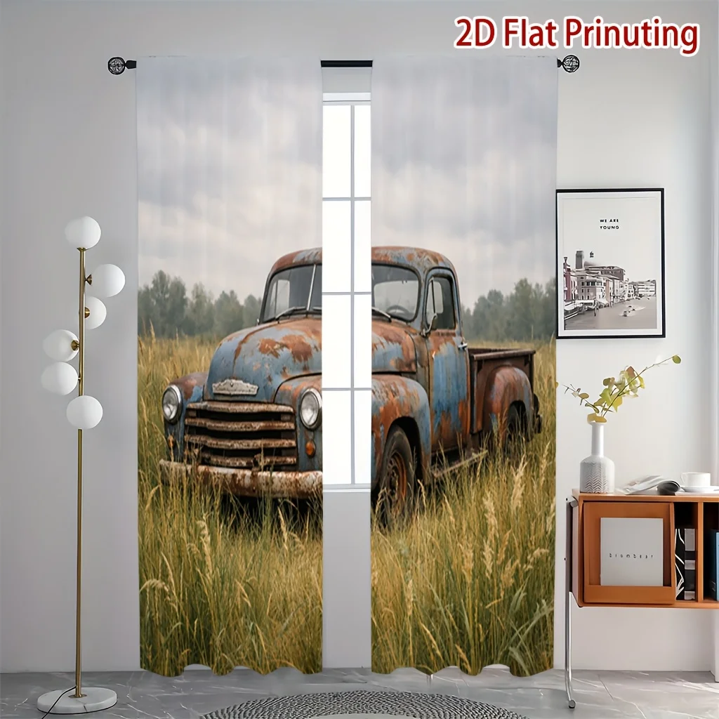 2pcs Rustic Vintage Truck Farm Field Curtain for Country Home Decor Nostalgic Rural Style Drape
