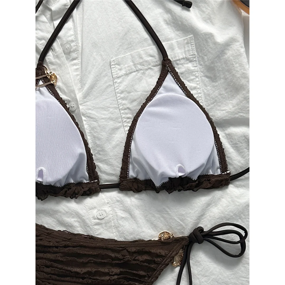 Zweiteiliges Bikini-Set mit Metallblumen-Design, Neckholder-Bikini, Damen-Badeanzug, Damen-Bademode, geraffter, gepolsterter Badeanzug, Badebekleidung, Modell V7478. – Detail 35