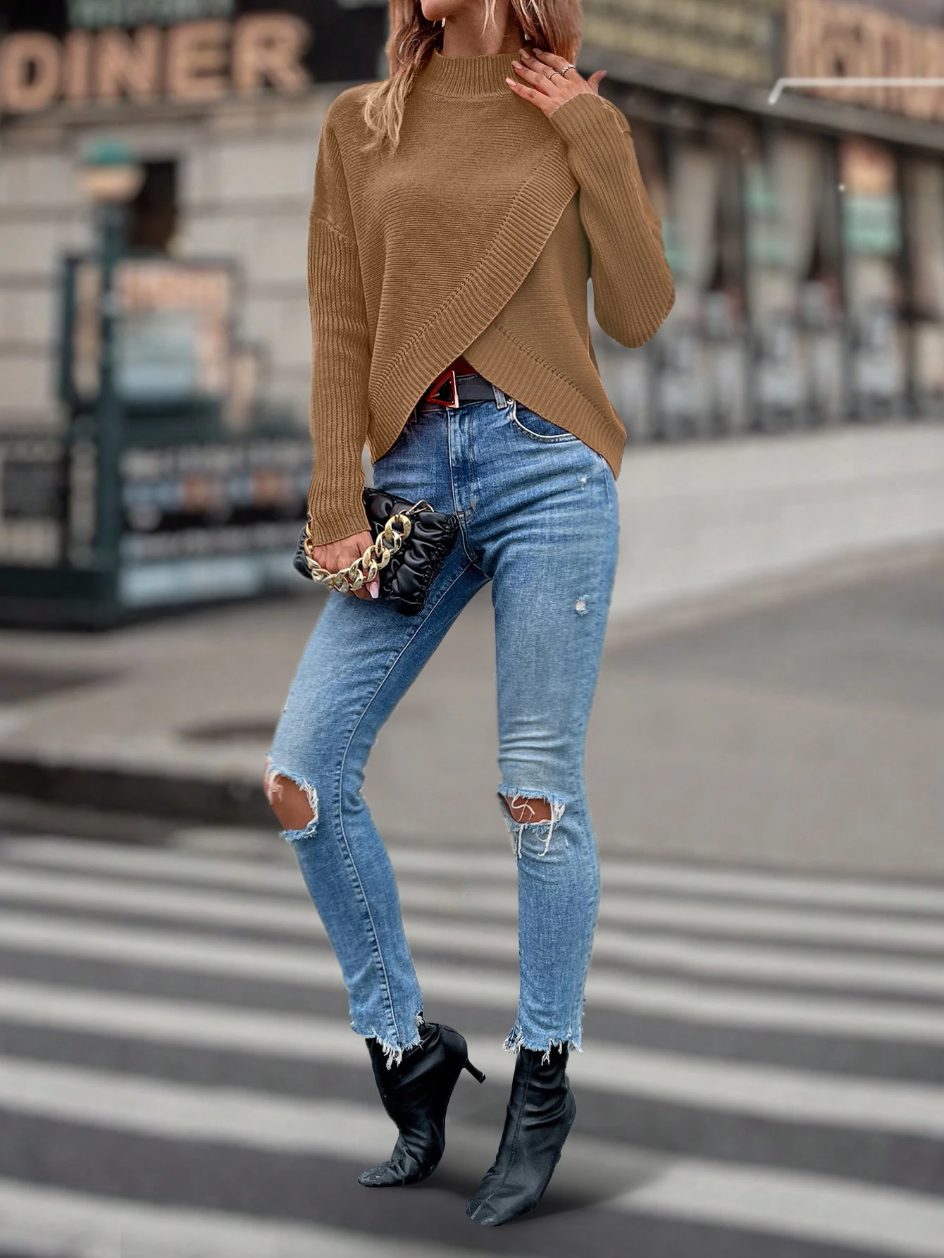 Spring women\'s blouse irregular cross solid color loose pullover half high neck long sleeve sweater