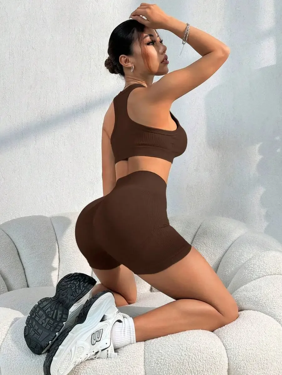 

Brown Ribbed 2 Piece Set Women Crop Tank Top High Waist Biker Shorts Athleisure Gym Workout Outfit