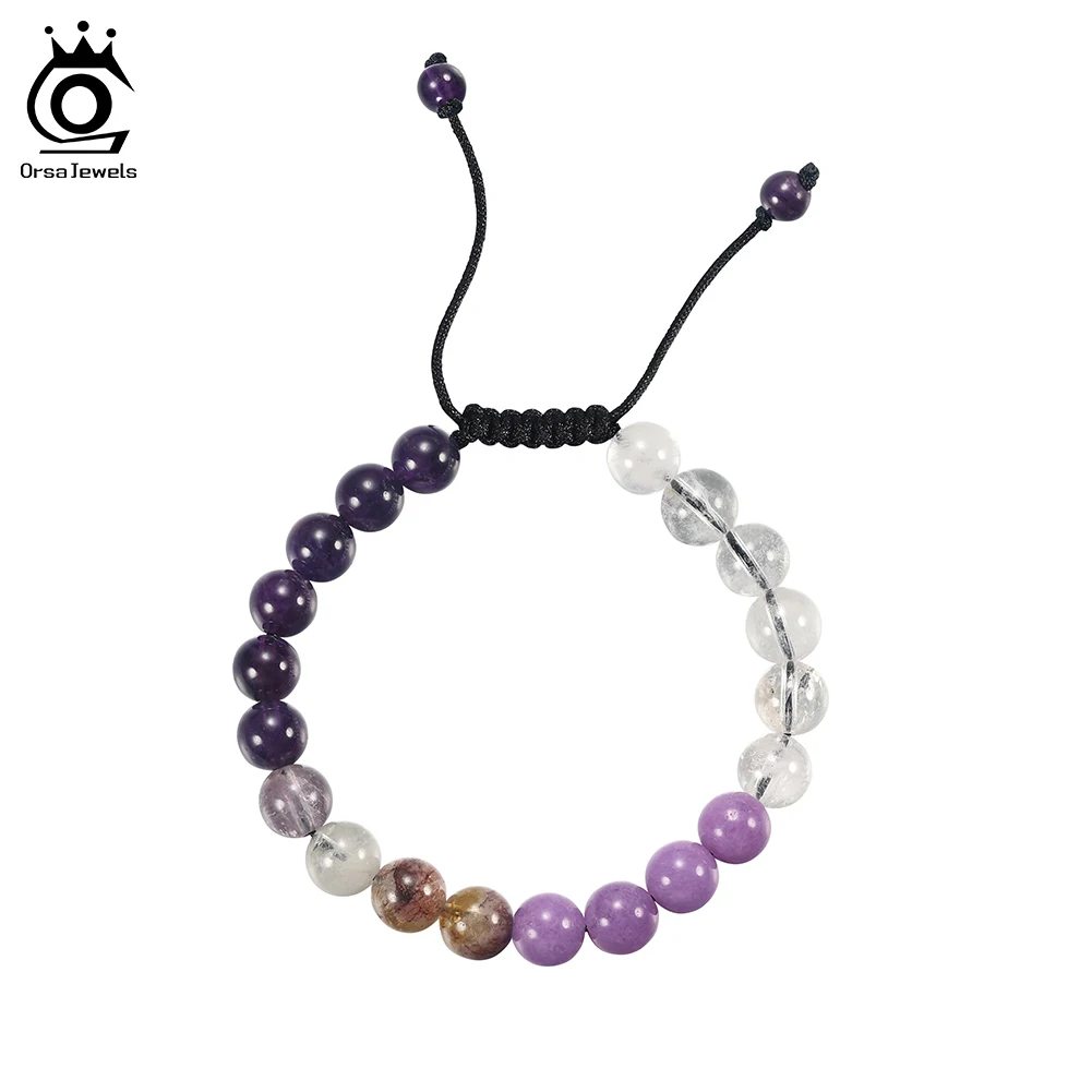 ORSA JEWELS 8mm Natural Stone Real Amethyst Bead Bracelet Crystal Purple Quartz Bracelet for Women Stretch Jewelry Gift GMB104