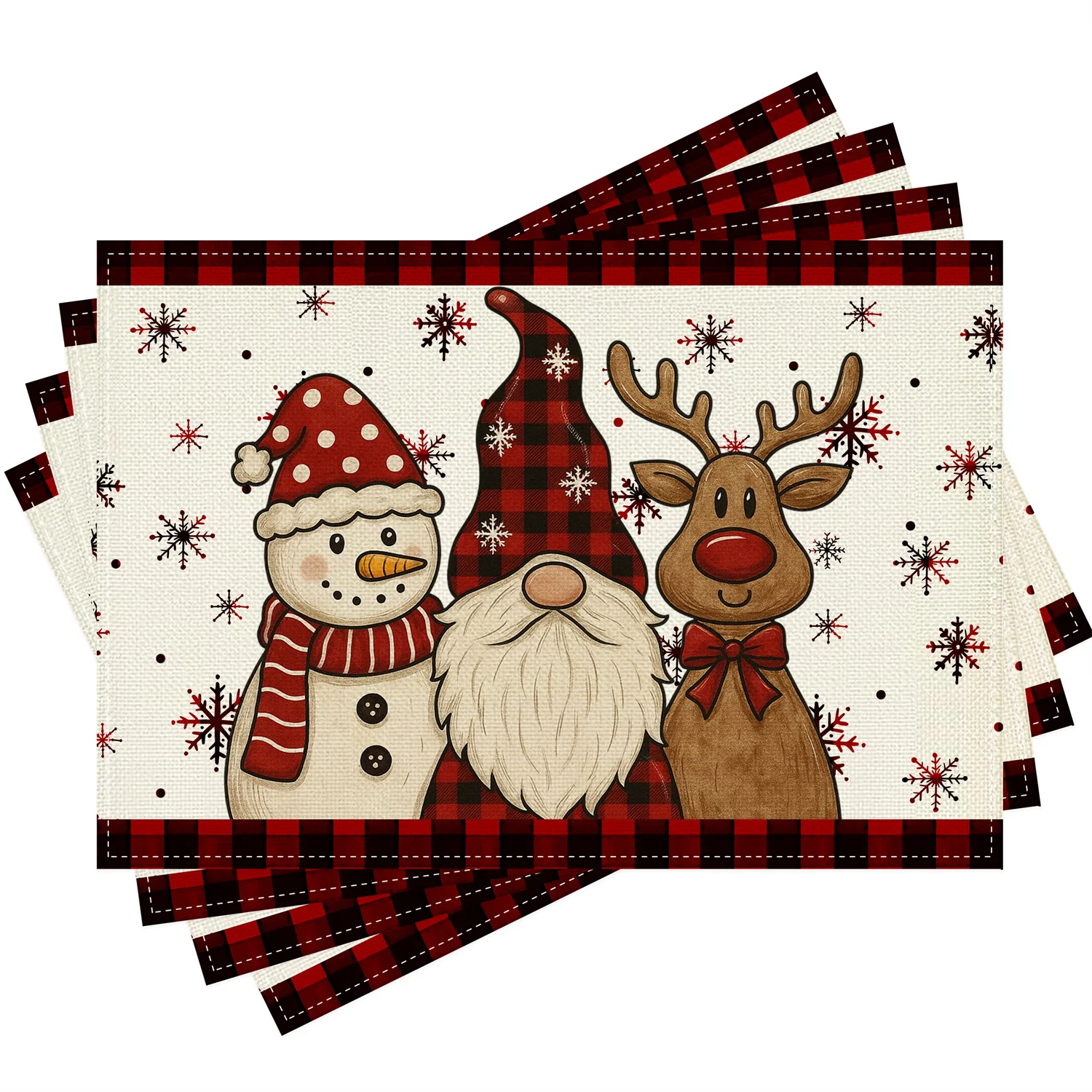 Snowman Christmas Elf Reindeer Red Black Plaid Snowflake Christmas Placemats Washable Table Mats for Kitchen Dining Home