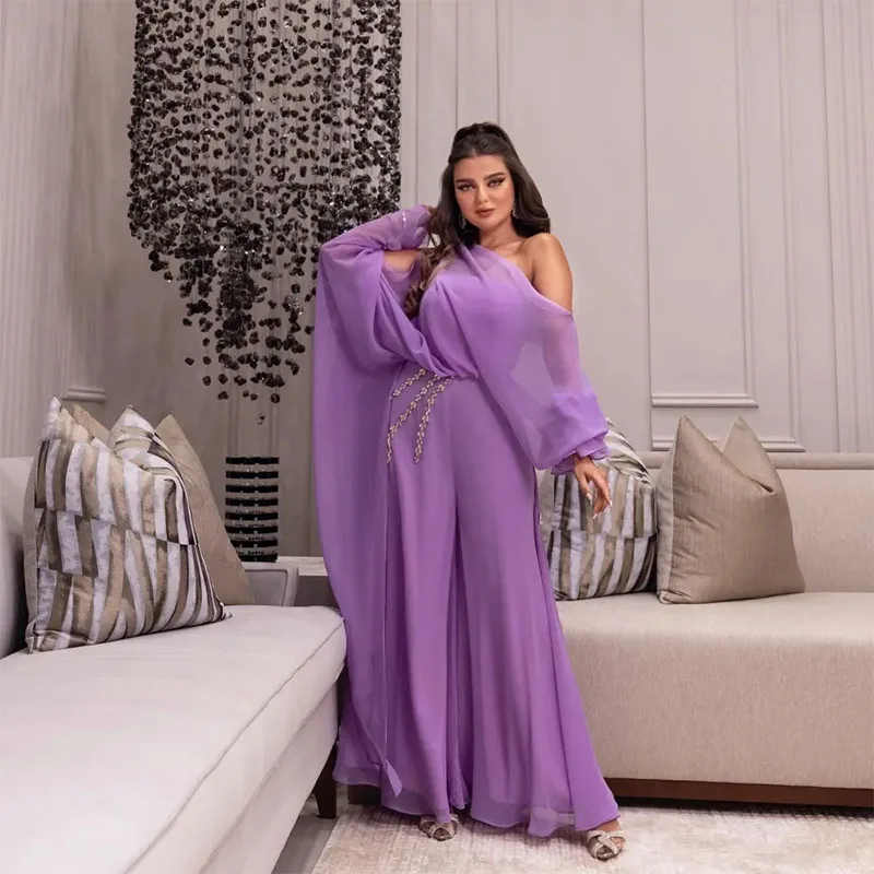 

Asymmetrical One-Shoulder Jumpsuit Prom Dresses Crystal Outfit Party Gown Chiffon One Piece Womens Special Occasion Dress