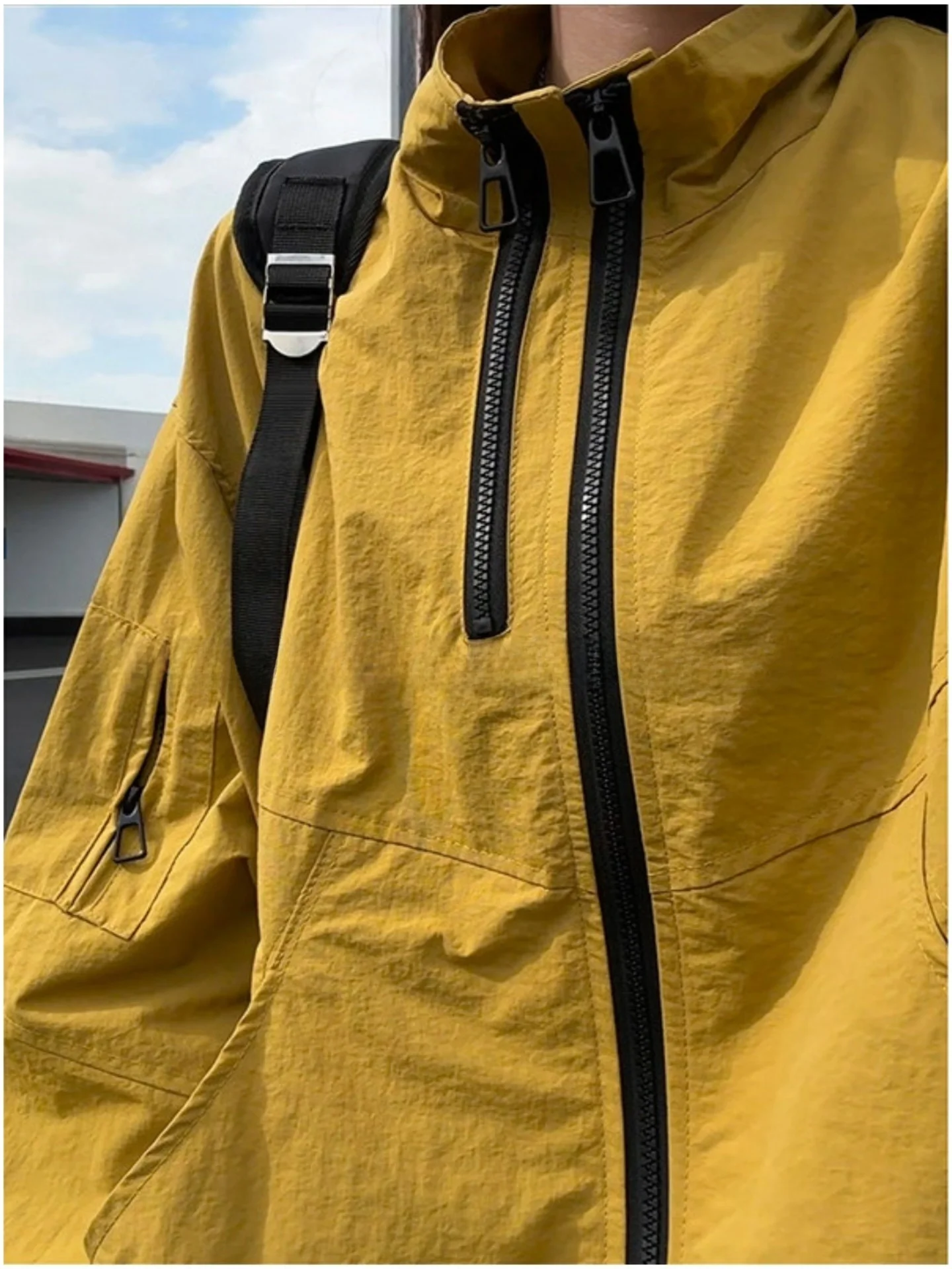 

Double Zipper Design Jaet Coat Men's Autumn Winter Anti-Wind Color Blo American Sle Stand Collar Windproof Top