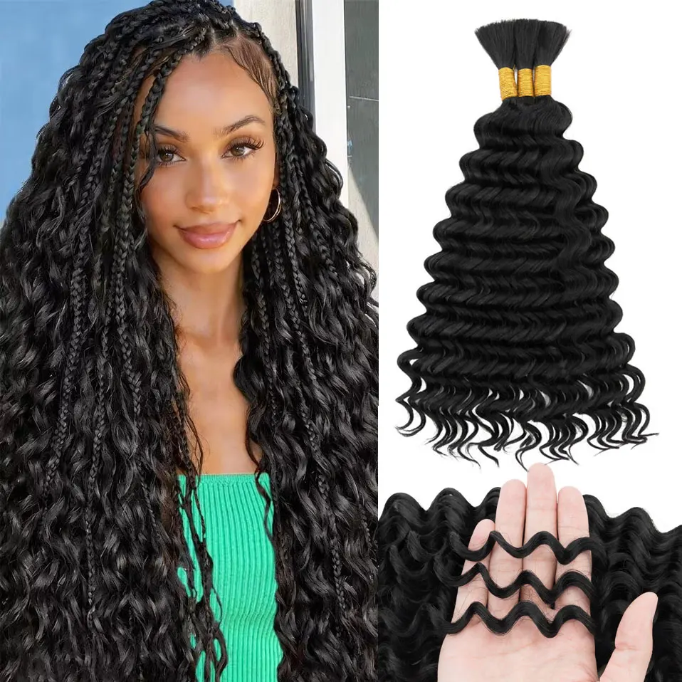 S-noilite Human Braiding Hair for Boho Braids 2 Bundles 100g Knotless Deep Wave Bulk Human Hair for Braiding Hair Extensions