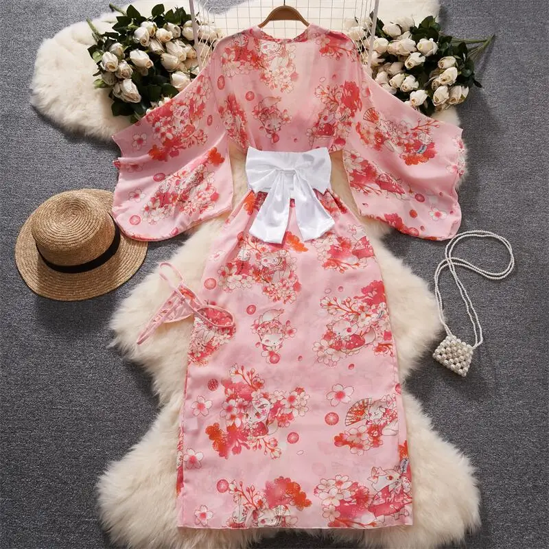 女性のための日本の桜柄の着物,透明な花びらの袖のドレス,セクシーでカジュアルなバスローブ,不規則なロングブラウス,新しい