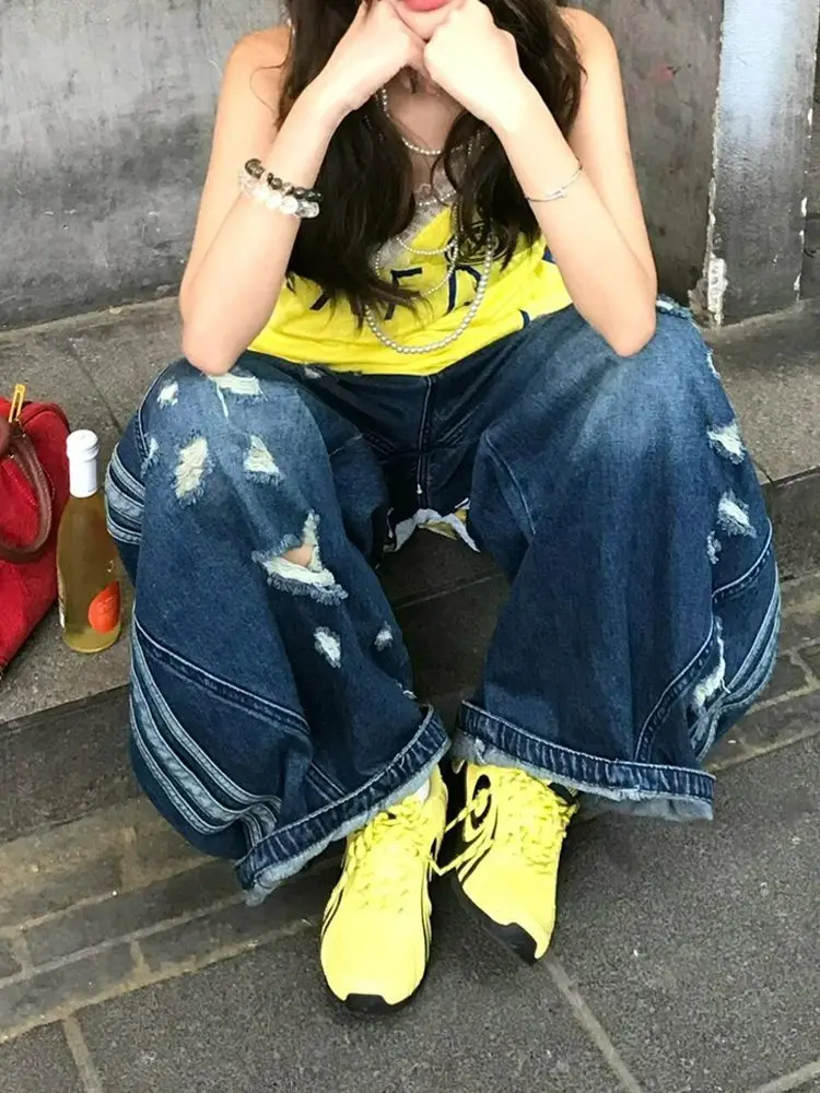 بنطلون جينز نسائي أزرق عتيق بخصر عالٍ هيب هوب مستقيم فضفاض من قماش الدنيم ملابس الشارع Y2K بنطلون واسع الساق أمريكي عتيق